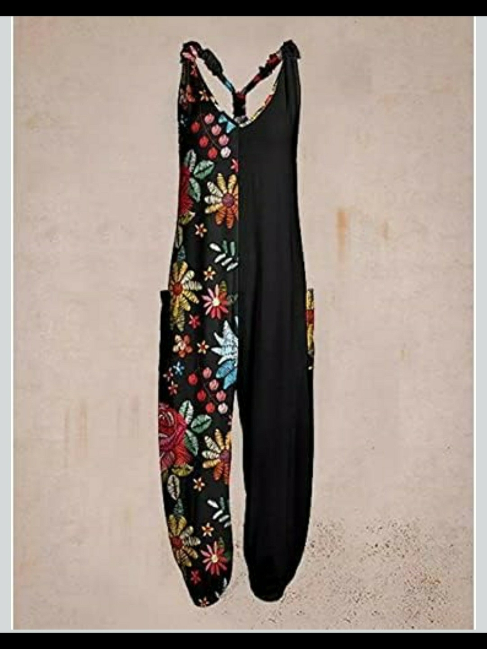 Black Floral-Panel Harem Jumpsuit with Adjustable Straps